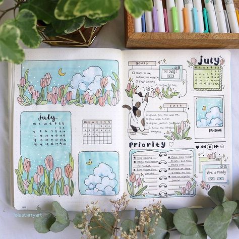 Notebook Theme Ideas, Bujo Design Ideas, Bujo Theme Ideas List, Journal Ideas Design, Preppy Notebooks, Journal Design Ideas, July Spread, Schedule Journal, July Journal