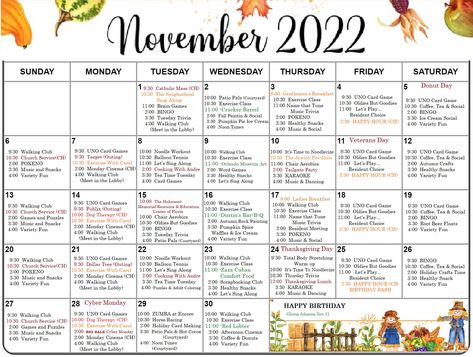 We have a full month of activities for our residents! 🗓️ Check out our November calendar for the 1st and 2nd floors 🥰 #everydaysanencore #encoreatavalonpark #assistedliving #orlandoassistedliving #memorycare #orlandomemorycare #activitiy #avalonpark #community #successfulaging Thanksgiving Activities For Senior Citizens, November Activity Calendar For Seniors, Memory Care Activity Calendar, November Activity Ideas For Seniors, Nursing Home Activities Calendar, November Nursing Home Activities, Activities Calendar For Seniors, November Activities For Seniors, Long Term Care Activities