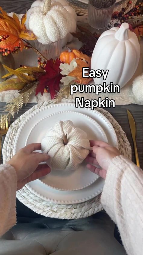 Hi cutie 🎃 Super simple and easy pumpkin napkin for your autumn table... | thanksgiving table decor | TikTok Napkin Rings Fall, Napkins For Thanksgiving Table, Table Cloth Folding Ideas, Pumpkin Folding Napkins, Dinner Napkin Folding With Ring, Halloween Napkins Folding, Thanksgiving Napkin Folds Easy, Napkin Folding For Thanksgiving, Table Napkin Folding Ideas