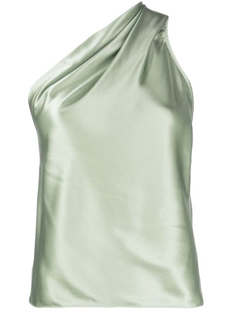 sage green silk satin weave draped detailing one-shoulder sleeveless straight hem One Shoulder Silk Top, Statement Tops Classy, Green Silk Top Outfit, Green Going Out Top, Green Top Outfit Aesthetic, Sage Green Outfit, Silk Top Outfit, Green Satin Top, Green Top Outfit