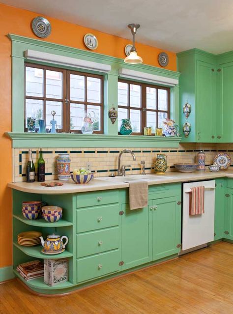 The use of period colors is evident in the kitchen of the restored 1906 bungalow. The maple strip flooring, top nailed, replicates the original damaged in a 1920s woodstove fire. Kitchen With Green Cabinets, Kitchen Accesories, Kabinet Dapur, Casa Vintage, Mid Century Modern Kitchen, Green Cabinets, Kitchen Plans, Old Kitchen, Trendy Kitchen