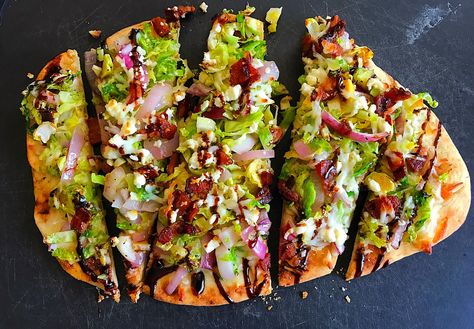 Flatbread Pizza Recipe, Flatbread Pizza Recipes, Protein Vegetarian, Pita Pizzas, Naan Pizza, High Protein Vegetarian Recipes, Shredded Brussel Sprouts, Brussels Sprout, Flatbread Pizza