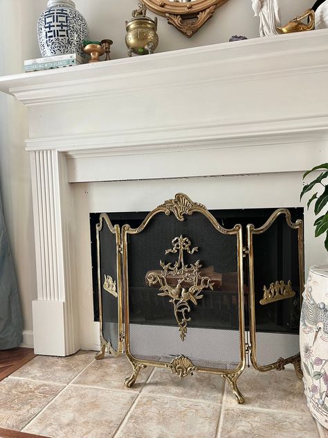 Elevate your fireplace with our antique French Provincial style three-section folding Fireplace Screen! Crafted from solid lacquered brass with paw feet, each panel intricately depicts birds and flowers intertwined with elegant ribbon designs, adding a touch of timeless elegance to any decor. The mesh, painted black, ensures durability and safety. The versatile design allows the left and right panels to fold, accommodating various fireplace sizes and can be easily tucked away when not needed. Th Faux Fireplace Insert, Provincial Living Room, French Provincial Interior Design, French Provincial Home, Chimney Design, Rental Home Decor, Parisian Decor, Vintage Fireplace, Provincial Style