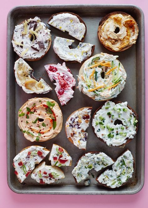 Plain cream cheese is delicious, but why not get a little creative with your breakfast or lunch bagel toppings? Here we have 11 recipes to turn plain cream cheese into a schmear you'll love. We're not just talking about run-of-the-mill cream cheese flavors like scallion or strawberry — these 11 unique mix ins start with pumpkin, progress to pickle, and close with chocolate. These are schmears to kvell over. Lunch Bagel, Flavored Cream Cheese, Cream Cheese Spread Recipes, Bagel Spread, Vegan Board, Cheese Spread Recipes, Flavored Cream Cheeses, Bagel Bar, Bagel Toppings