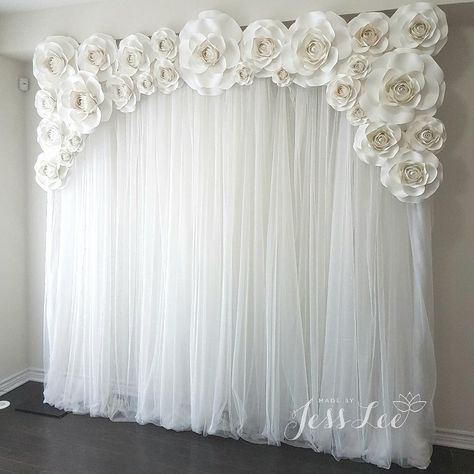 Paper rose backdrop for wedding, bridal shower, baby shower, baptism, first communion, and other celebrations. Made by Jess Lee Communion Backdrop Ideas, First Communion Decorations Backdrop, First Communion Backdrop Ideas, Rose Backdrop, Flower Wall Rental, Backdrop For Wedding, Diy Wedding Backdrop, Wedding Backdrop Design, Wedding Backdrop Decorations