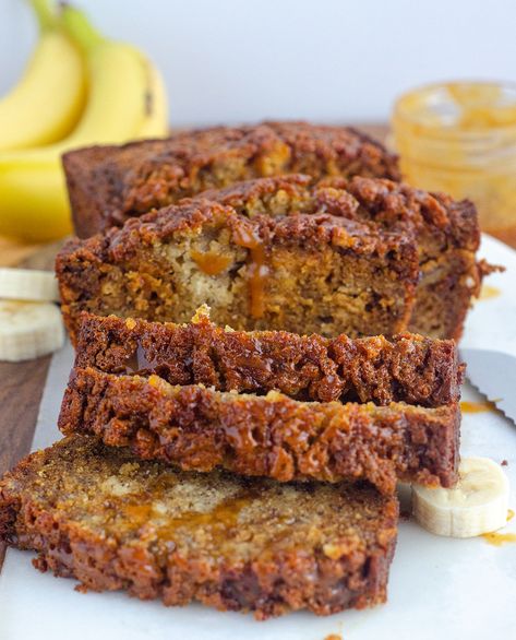 Classic banana bread gets swirled with salted bourbon caramel sauce for a jazzy take on the original. Salted Caramel Banana Bread, Caramel Banana Bread, Bourbon Caramel Sauce, Banana Bread Brownies, Bourbon Caramel, Classic Banana Bread, Vegan Caramel, Salted Caramel Sauce, Caramel Macchiato