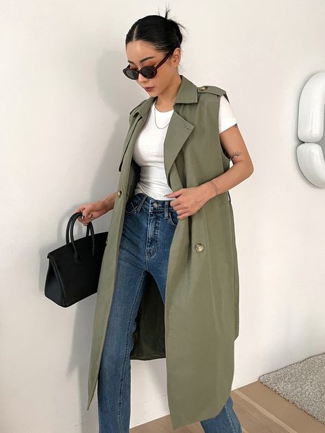 Green Vest Long, Long Green Vest Outfit, Sleeveless Trench Outfit, Green Sleeveless Blazer Outfit, Vest Trench Coat Outfit, Long Vest Outfits For Women Casual, Blazer Casual Outfit Women, Vest Blazer Outfits For Women, Trench Vest Outfit