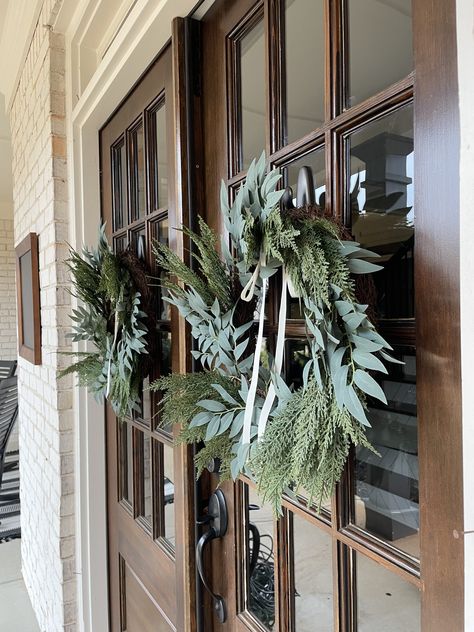 The Best Wreath Hooks for Glass Doors | Highland Home Design Company Glass Door Wreath Hanger, Wreath Hangers For Glass Front Door, Wreaths On Double Front Doors, Hanging A Wreath On A Door, Hang Wreath On Glass Door, Double Wreaths For Front Door, Wreath On Glass Front Door, How To Hang Wreath On Glass Front Door, Wreath On Glass Door