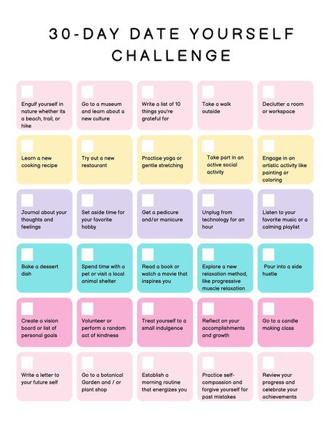 The 30 day date yourself challenge is meant to emphasize self care and optimize mental health strategies. Taking each activity day by day each activity will pour into your confidence, fitness goals, and social growth. By the end of the 30 day period, you will feel refreshed, accomplished, and ready to take on the world! Fun 30 Day Challenges, 30 Day Self Growth Challenge, 30 Day Challenge List, Dating Challenge, Self Challenge, Date Yourself, Bored Jar, Self Care Challenge, Challenges Activities