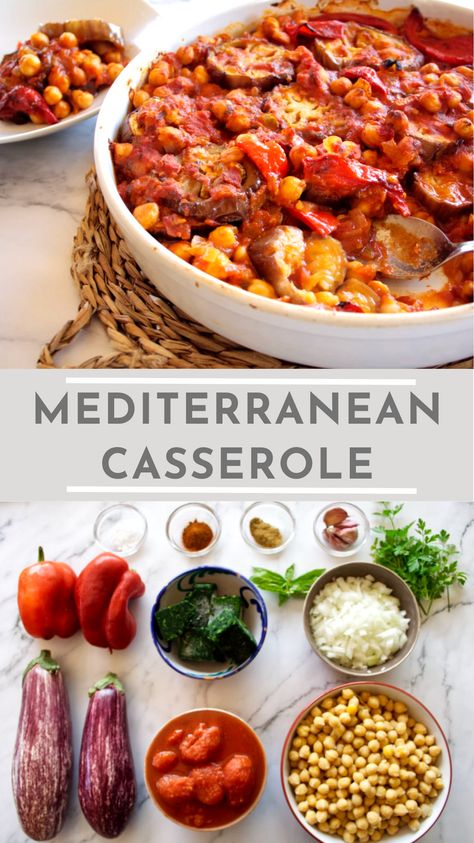 A photo of the finished casserole in a casserole dish and below it the raw ingredients in the recipe on a table Mediterranean Casserole, Vegan Mediterranean Recipes, Mediterranean Eggplant, Vegan Casserole Recipes, Casserole Vegan, Eggplant Casserole, Vegan Mediterranean, Mediterranean Recipes Healthy, Mediterranean Chickpea