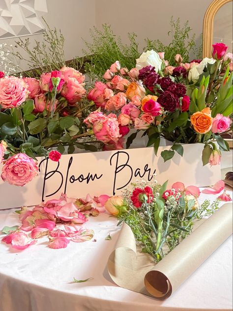 Flowers In Bloom Baby Shower Theme, Baby Girl Baby Shower Ideas Spring, Baby In Bloom Flowers, Galentines Party Flower Bar, Baby In Bloom Shower Ideas Flower Bar, Bridal Shower Bloom Bar, Bridal Shower Ideas Brunch Themes, Flower Bar For Bridal Shower Ideas, Bridal Shower Stations