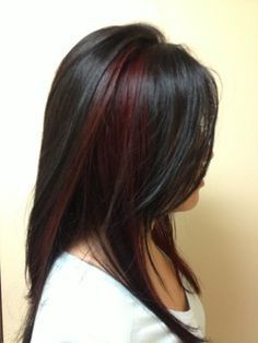 Red Highlighted Long Black Hairstyle Maroon Hair, Black Red Hair, Peekaboo Highlights, Wine Hair, Dark Red Hair, Black Hair With Highlights, Red Highlights, Hair Color Highlights, Haircut And Color