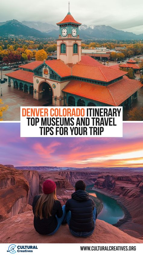 A historic clock tower building in Denver with snow-capped mountains in the background, paired with two people overlooking a canyon at sunset, showcasing highlights of a Denver Colorado Itinerary. Denver Colorado Train Ride, Colorado Itinerary, Day Trips From Denver, Denver Trip, Road Trip To Colorado, Colorado Art, Mile High City, Denver City, Colorado Adventures