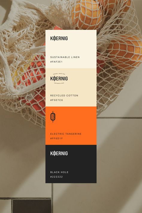 Black Brand Color Palette, Zero Waste Branding, Orange Color Branding, Sustainability Colour Palette, Striking Color Palette, Muted Tones Colour Palettes, Orange Brand Color Palette, Brand Identity Color Palette, Sustainable Color Palette