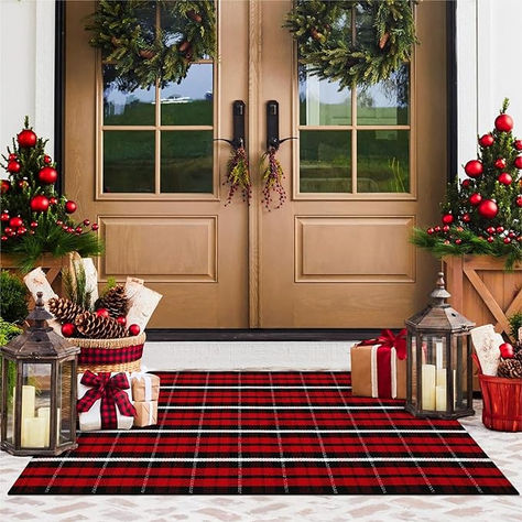 Amazon.com : KIMODE Christmas Door Mat Outdoor 24"X51",Red/Black Buffalo Plaid Rug,Washable Cotton Hand-Woven Layered Door Mats,Reversible Outdoor Christmas Decor for Front Porch,Entryway,Kitchen : Home & Kitchen New Years Front Porch Decor, Christmas Outdoor Rug, Rehearsal Decorations, Romantic Patio, Plaid Rugs, Buffalo Plaid Rug, Front Door Christmas Decor, Christmas Front Porch Decor, Christmas Outdoor Decor