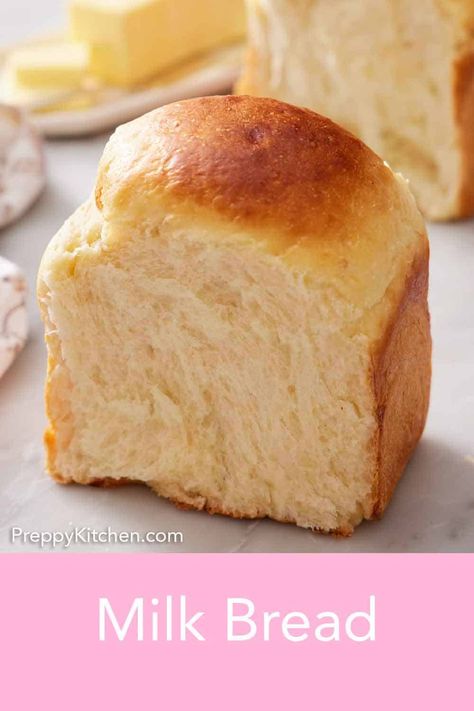 Soft, pillowy Japanese milk bread is a bread lover’s dream. It’s slightly sweet and springy with a nice chew thanks to a special ingredient called tangzhong. Try this delicious bread the next time you want to bake homemade bread. Bread Machine Japanese Milk Bread, Chinese Milk Bread, Bread Recipes With Milk, Korean Milk Bread, Light And Fluffy Bread Recipes, Easy Milk Bread Recipe, How To Make Milk Bread, Milk Bread Recipe Bread Machine, Bread Recipe With Milk