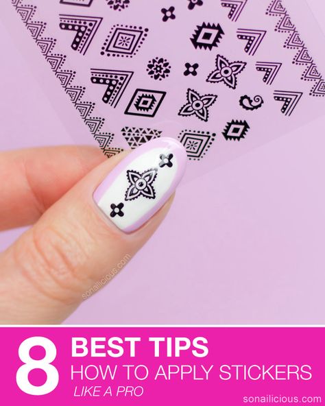 how to apply nail stickers like a pro! the most useful tips for nail stickers Nail Art Stickers Ideas, How To Put On Nail Stickers, Sticker Nails How To Put On, How To Put Stickers On Nails, Diy Nail Stickers With Gel Polish, How To Use Nail Stickers, How To Apply Nail Stickers, Nail Art With Stickers, Nail Art Stickers Design