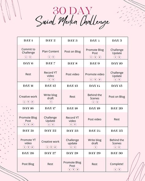 Here’s the sheet for my 30 day media challenge! I made it to reflect my social network, but please alter it to fit your needs! 🌸 30 Day Instagram Challenge, 30 Day Challange, Social Media Challenge, Social Media Challenges, Youtube Success, Instagram Challenge, 30 Day Challenge, April 15, 2024 Vision