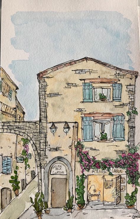 "SAINT-PAUL-DE-VENCE", a place I am going to visit soon! I am definitely in love with Saint Paul de Vence which I represent in the watercolour. This medieval village with its architecture, art history and beautiful landscape needs a visit! This is an hand made original watercolor, made with top quality watercolors, black micro drawing pen and Magnani watercolor paper 300g, 100% cotton. The sheet size is: 24cm X 15cm "SAINT-PAUL-DE-VENCE" will be a great addition to your interior, it can also be Watercolor Art With Black Pen, Beautiful Places Drawing, Pen And Watercolor Architecture, Watercolor Architecture Simple, Watercolor Buildings Easy, French Sketches, Watercolor Art Architecture, Drawings Of Places, Urban Sketching Watercolors