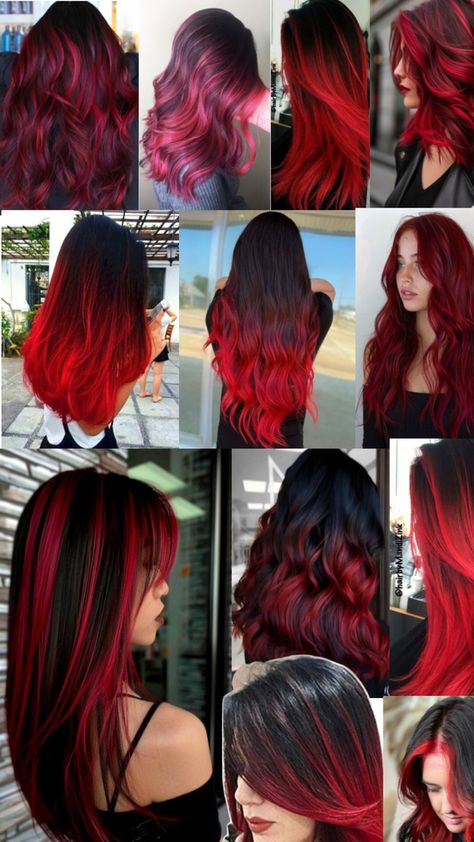 Black Hair With Bright Red Highlights, Brown On Top Red On Bottom Hair, Black Under Red Hair, Black And Red Hair Ombre, Red With Black Tips Hair, Vibrant Red Hair Color Ideas, Black And Red Peekaboo Hair, Black And Red Hair Aesthetic, Cherry Red And Black Hair