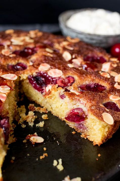 A fluffy Cherry and Almond Cake with fresh cherries and dollops of jam. So tasty and gluten free too! Cherry And Almond Cake, Christmas Cake Ideas, Almond Flour Cakes, Almond Cake Recipe, Flourless Cake, Cherry Desserts, Gluten Free Bakery, Cherry Cake, Cherry Recipes