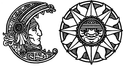 Mayan Drawings, Aztec Moon, Scraped Knee, Sun And Moon Drawing, Mexico Tattoo, Tattoos 2024, Tiny Finger Tattoos, Mayan Tattoos, Printmaking Ideas