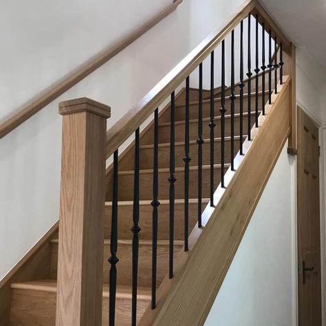 Metal Spindals For Staircase, Open Sided Staircase, Stairs With Railing On One Side, Diminishing Staircase, Banisters And Railings Makeover Metal, Oak Staircase With Metal Spindles, Oak Stairs Black Spindles, Staircase Spindle Ideas Wood, Oak And Steel Staircase