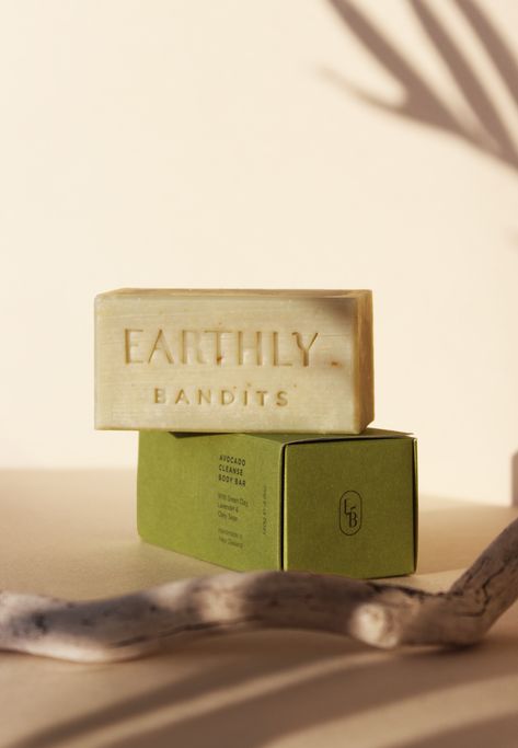 Branding and soap packaging design for Earthly Bandits Aesthetic Soap Packaging, Natural Soap Branding, Bar Soap Design, Soap Product Shoot, Luxury Soap Packaging Design, Handmade Soap Photography, Soap Brand Logo, Natural Hygiene Products, Soap Bar Design