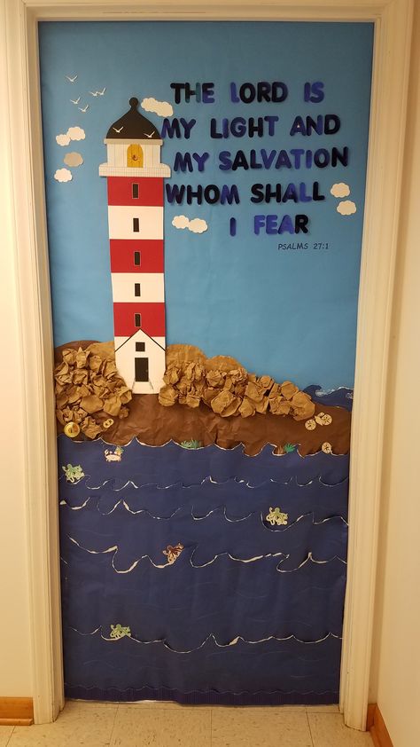 Lighthouse Door Decoration, Breaker Rock Beach Door Decor, Lighthouse Classroom Door, Breaker Rock Beach Vbs Door Decoration, How To Make A Lighthouse For Vbs, Vbs Lighthouse Decor, Lighthouse Classroom Theme, Sunday School Themes Classroom, Vbs Door Decorations