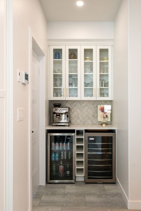 Beer Fridge In Kitchen, Wine Fridge Pantry, Beverage Fridge In Pantry, Built In Beverage Station, Pantry Wine Fridge, Dry Bar With Wine Fridge, Architectural Farmhouse, Angel Kitchen, Bar Coffee Station