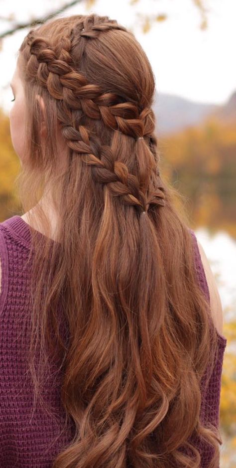 Katah, can you do my hair like this?? Braided Hair Half Up, Fantasy Braided Hair, Intricate Braids For Long Hair, Peasant Hair, Medieval Braids, Red Hair Braids, Fantasy Hairstyle, Fantasy Braids, Fantasy Hairstyles