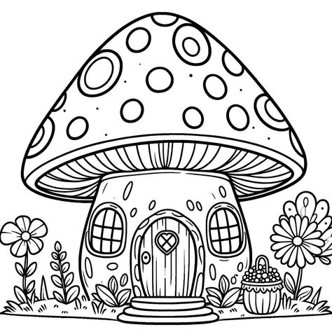 Mushroom House Coloring Pages, Cute Mushroom House, Enchanted Mushroom, House Coloring Pages, Sunflower House, Magical Mushroom, Fall Coloring, House Colouring Pages, Spring Coloring Pages