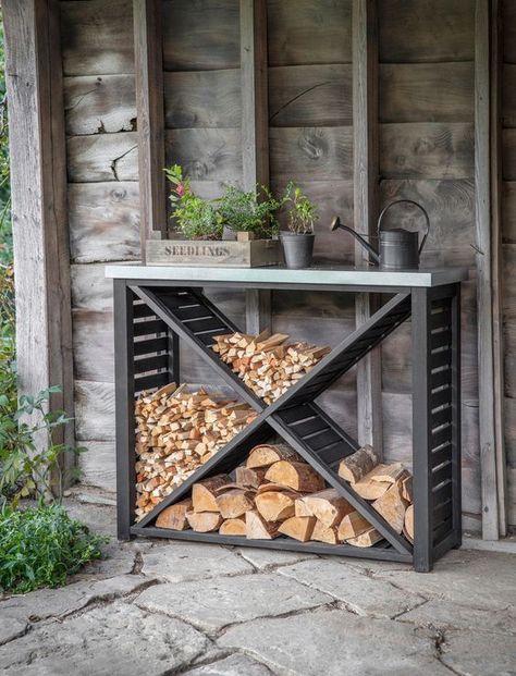 43 Smart Outdoor Firewood Storage Ideas - Shelterness Outdoor Firewood Storage Ideas, Firewood Storage Ideas, Outdoor Firewood Storage, Firewood Stand, Firewood Storage Outdoor, Galvanized Sheet Metal, Log Storage, Outdoor Shelves, Cinder Block Garden