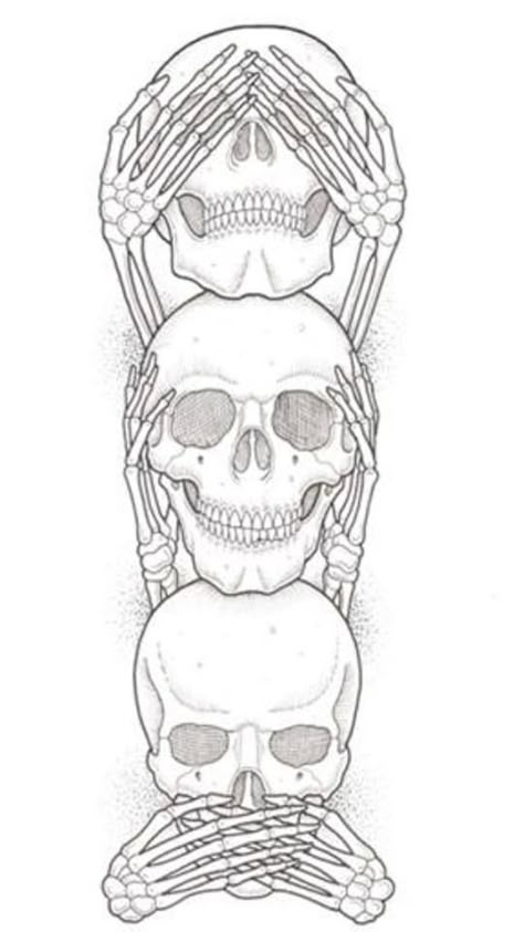 Cat Skull Tattoo, No Evil Tattoo, Evil Skull Tattoo, Badass Drawings, Evil Tattoo, Skull Coloring Pages, Skeleton Tattoos, Hear No Evil, Speak No Evil