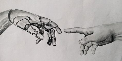 Michelangelo Tattoo, Robot Tattoo, Tim Burton Tattoo, Tattoo Trash, Geometric Sleeve Tattoo, Surealism Art, Robot Hand, The Creation Of Adam, Clever Tattoos