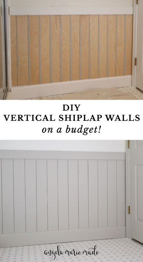 Learn how to install vertical shiplap on your wall! This method for vertical shiplap walls is cheap and easy! DIY vertical shiplap is perfect for adding character to a space! We used a vertical shiplap half wall for our bathroom makeover! How To Put Shiplap On A Wall, Vertical Wood Accent Wall Bathroom, Bathroom With Half Shiplap Walls, Shiplap Wall Bedroom Decorating Ideas, Easy Home Office Ideas Small Spaces, Diy Half Wall Paneling Small Bathrooms, How To Make A Shiplap Wall, Shiplap Projects Diy, Shiplap Half Wall Basement