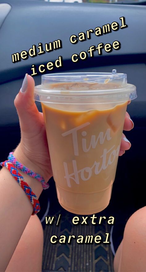 #tims #coffee #caffeine #ice #icedcoffee #drivethru #car #order #recipe #caramel #caramelcoffee #friendshipbracelets #nails #whitenails #driving #drizzle #filter #morning #beverage #drink #cafe #plastic #timhortons #starbucks #dunkin #tasty #delicious #sweet #favorite #favourite #best #snapchat #font #text #aesthetic #vibes Tim Hortons Iced Coffee Recipe, Tim Hortons Drinks, Tim Hortons Iced Coffee, Coffee Protein Smoothie, Caramel Drinks, Coffee Names, Tim Horton, Secret Starbucks Drinks, Caramel Coffee