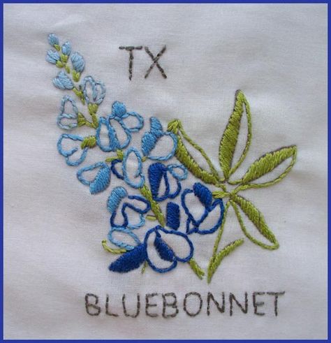 State Flower Quilt Blue Bonnet Embroidery, Bluebonnet Embroidery, Texas Quilt, Texas Crafts, State Flowers, Blue Bonnet, Texas Bluebonnets, Flower Quilt, Hand Embroidery Tutorial