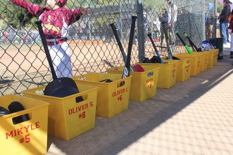 DIY baseball dugout buckets to keep the players organized! Found these at the 99 cent store and added decals made on my Cricut. Baseball Team Dugout Ideas, Organize Dugout Baseball, Softball Organization Ideas, Baseball Dugout Bins, Baseball Buckets For Dugout Team Mom, Tball Dugout Buckets, Tee Ball Dugout Organization, T Ball Dugout Organization, Softball Dugout Ideas Team Mom