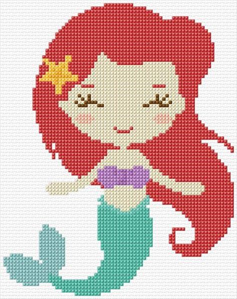 Ann Logan|10 Free Patterns Online|Mermaid|4763 Cross Stitch Calculator, Mermaid Cross Stitch, Tema Disney, Cross Stitch Fonts, Mermaid Pattern, Crochet Butterfly, Cross Stitch Needles, French Knot, Perler Patterns