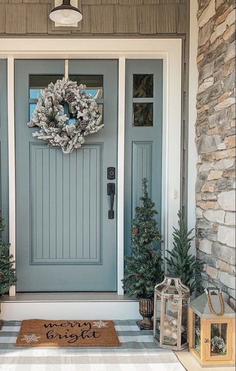 Blue Door Brown House, Blue Door Brick House, Light Blue Door Exterior, Blue Shutters And Door, Farmhouse Exterior Doors, Cape Cod Front Door, Lakehouse Exterior, Tan House, Exterior Door Colors