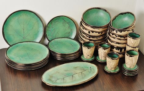 Turquoise handmade ceramic tableware set with plates, bowls, tray and cups with coasters, decorated with plant leaf stamp and glaze with food glaze, they are perfect for breakfast, lunch and dinner. The set is made in the author's technique, from fireclay, using the hand-cast method. Real leaves are applied for texture, after which the piece is covered with colored engobe and finally glazed, resulting in a high temperature firing. This is done specifically to preserve the texture and better tact Dinnerware Sets Rustic, Rustic Dinnerware, Handmade Dinnerware, Ceramic Dinnerware Set, Unique Pottery, Handmade Plates, Stoneware Dishes, Porcelain Tableware, Stoneware Dinnerware