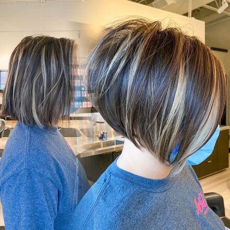 Stacked Bob Balayage, Short Bob With Thick Hair, Angled Bob Haircuts 2023, Chin Length Stacked Hair, Medium Inverted Bob Haircut With Layers, Stacked Short Bob Haircut, Back Of Bob Haircut Stacked, Bob Back View Short, Modern Stacked Bob