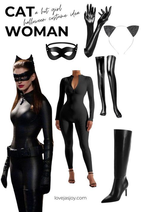 Diy Catwoman Costume Woman, Simple Catwoman Costume, Halloween Cute Costumes Women, Halloween Costumes Women With Black Hair, Catwoman Costume Makeup, Hot Villian Costumes, Cat Women Costumes Diy, Hallowrrn Costumes Women, Iconic Halloween Outfits