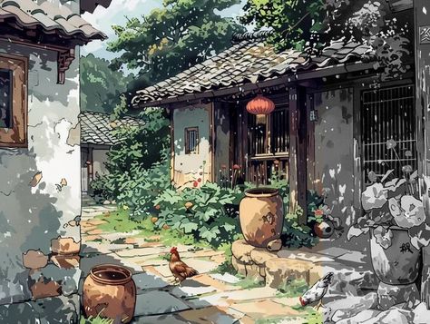 Full Color Image in ai-img-gen.com 🔸 In a courtyard in a rural area, there is a group of chickens raised, in the style of Chinese comics ... 🔸 From Midjourney AI Image Large Clay Pots, Traditional Chinese House, Cobblestone Path, Chinese Courtyard, Chinese House, Lantern Hanging, Chinese Chicken, Red Lantern, Color Image