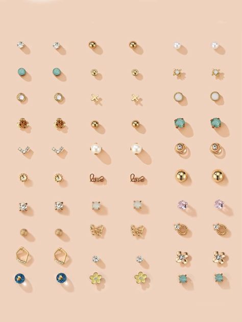 30pairs Pearl & Rhinestone Decor Stud Earrings | SHEIN USA Pack Of Earrings, Gold Earrings For Kids, Hand Jewelry Rings, Wedding Ring Finger, Earrings Shein, Jewelry Product Shots, Stylish School Bags, Cute Stud Earrings, Rhinestone Material