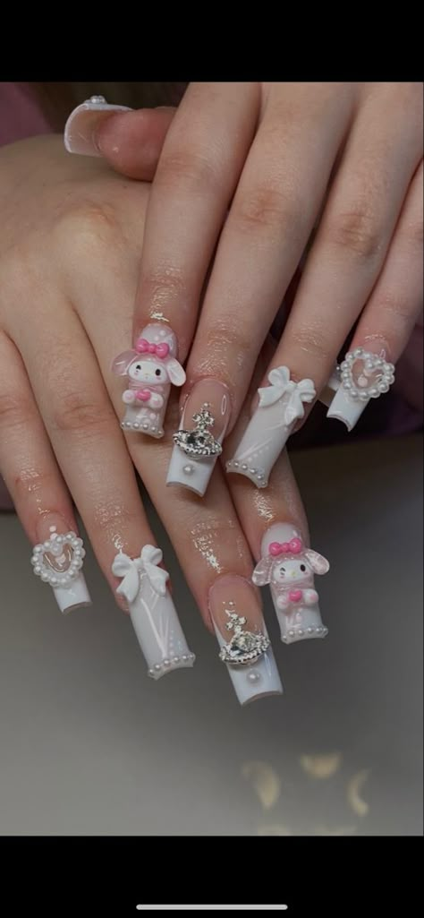 Nail Designs My Melody, S Initial Nails Designs, Sanrio Nails My Melody, My Melody Acrylic Nails, Sanrio Charm Nails, Melody And Kuromi Nails, Mymelody Nails, My Melody Nail Art, My Melody Nails