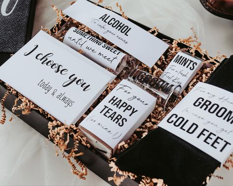 Black gift box filled with gifts for the Groom Groom Survival Kits, Groom Crying, Bride On Wedding Day, Groom Gift Box, Groom Box, Hangover Survival Kit, Present For Groom, Grooms Gift, Groom Socks