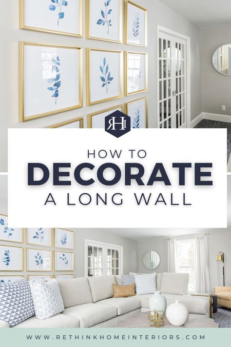 A long wall can be challenging when you think about styling a room for photos because you need to strike a balance between filling the space with something significant to create a great focal point. Especially when it's time for home staging. Learn how to decorate a long living room wall or a long bedroom wall like a professional. long wall decor, long wall art, long wall gallery, long wall entryway Living Room Designs Long Wall, Long Bedroom Wall Decor, Living Room Art Arrangement, Family Room Large Wall Decor, Living Room Decor Big Wall, Styling A Long Wall, How To Visually Divide A Long Wall, Ideas For A Long Wall In Living Room, Long Blank Wall Ideas Living Room