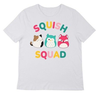 Join the Squish Squad with this Squishmallows tee. The shirt features an image of Cam the Cat, Winston the Owl, and Fifi the Fox while rainbow letters spell out, “Squish Squad.” The tee comes in a white short sleeve crew neck. Fans of the Squishmalllows will love this comfy cotton t-shirt. Squish Squad, Rainbow Letters, Sleeve Packaging, Pad Design, Sleeves (women), White Tshirt, Fabric Care, Cotton Material, Sleeve Styles